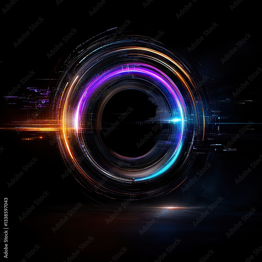 Poster colorful light trails surrounding dark circular space in abstract digital design