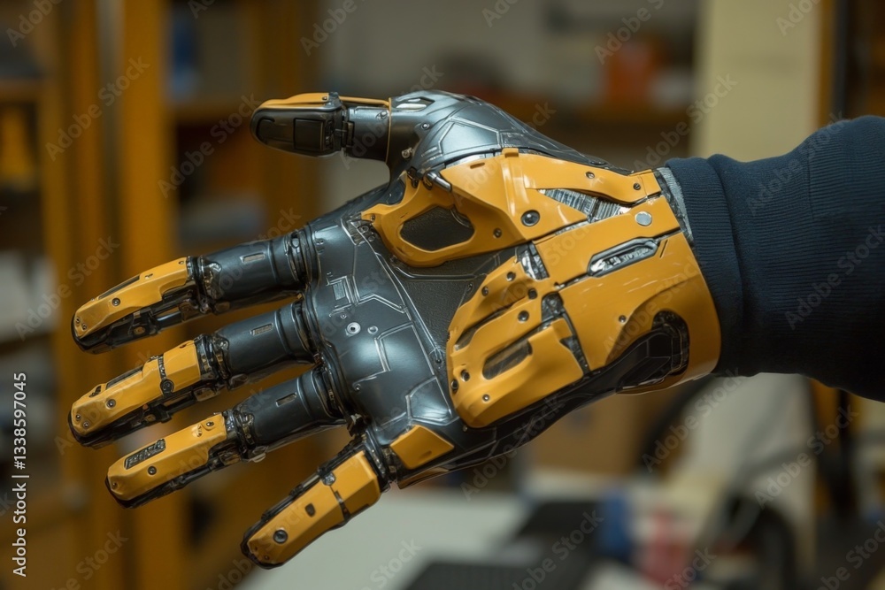Poster innovative robotic hand prototype displayed in a technology workshop showcasing advanced design and 