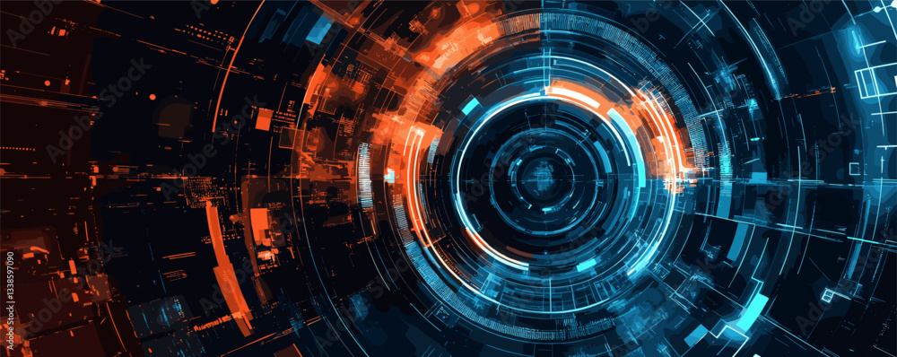 Poster futuristic digital interface with blue and orange circular patterns in a high-tech design.