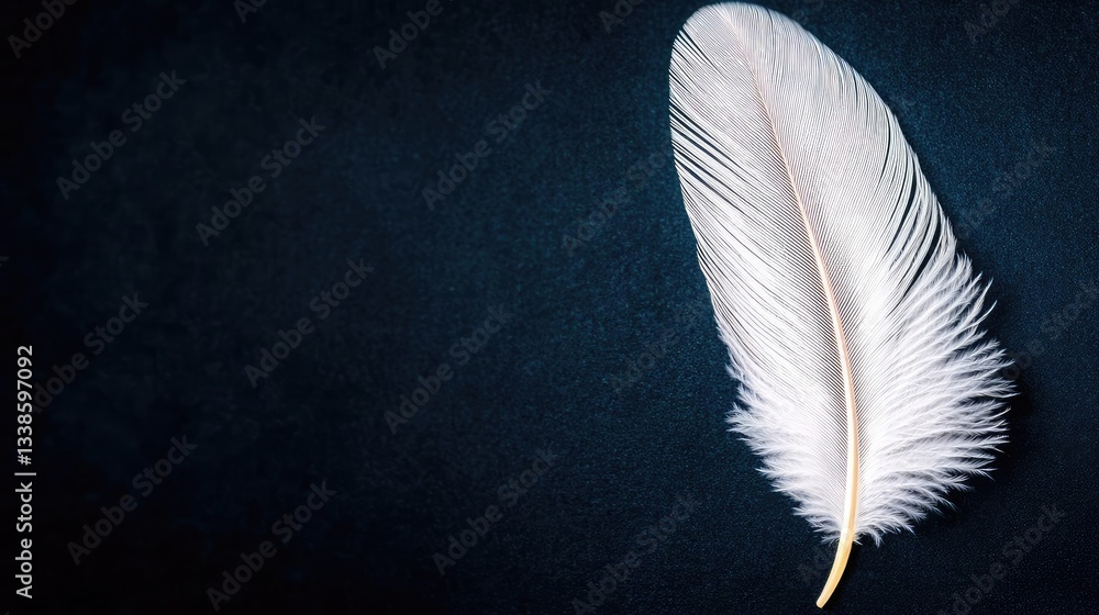 Poster negative space design abstract background concept. a delicate white feather rests elegantly on a dar