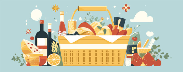 Fototapeta premium Picnic basket filled with fresh foods, wine, and fruits on a sunny day.
