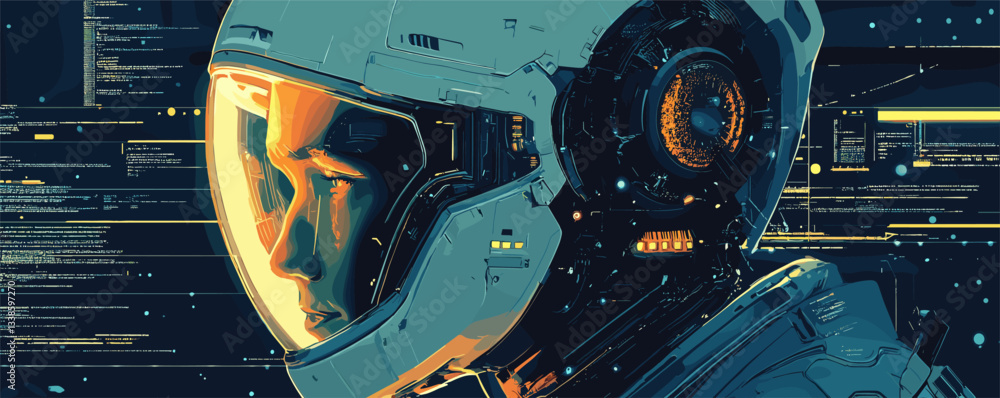 Poster astronaut in futuristic spacesuit with digital interfaces in deep space.