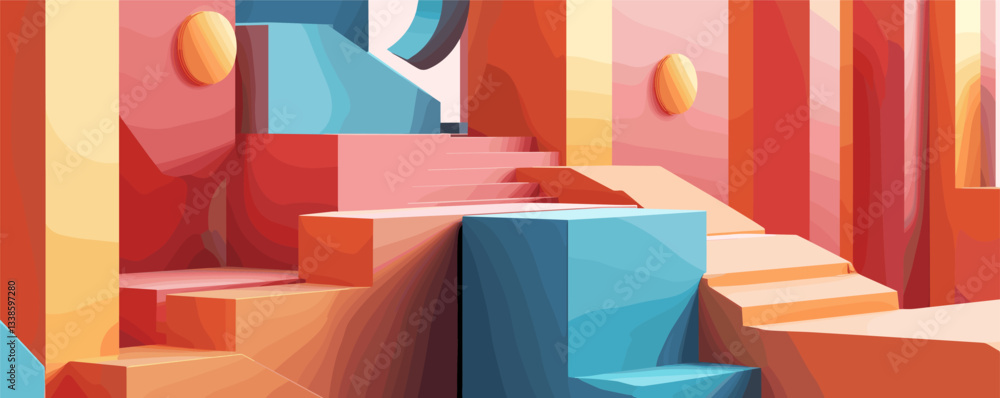 Poster abstract geometric architecture with vibrant colors and stairs in 3d style.