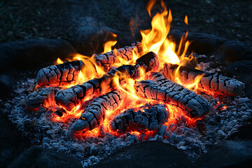 Glowing campfire embers with burning logs and flickering flames in the dark