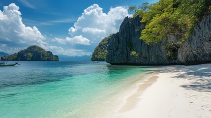 Obraz premium Serene Tropical Beach with Turquoise Water and Lush Green Cliffs