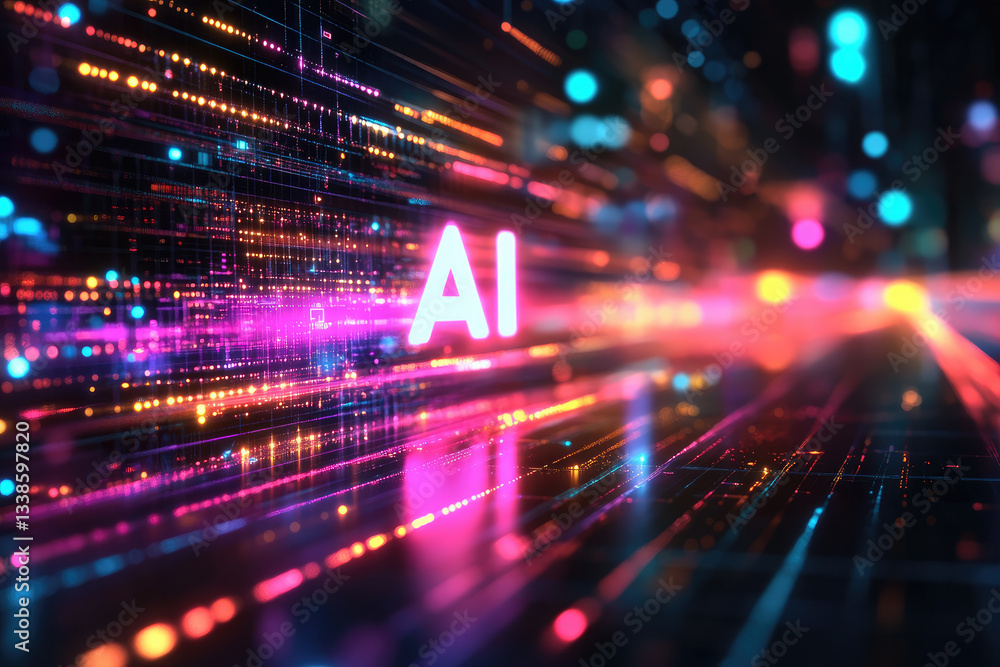 Poster neon glowing ai sign,designation, typography in a futuristic digital environment,symbolizing artific