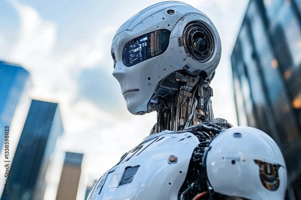 Aufkleber Advanced humanoid robot stands in urban setting on a bright day showcasing intricate design and technology features