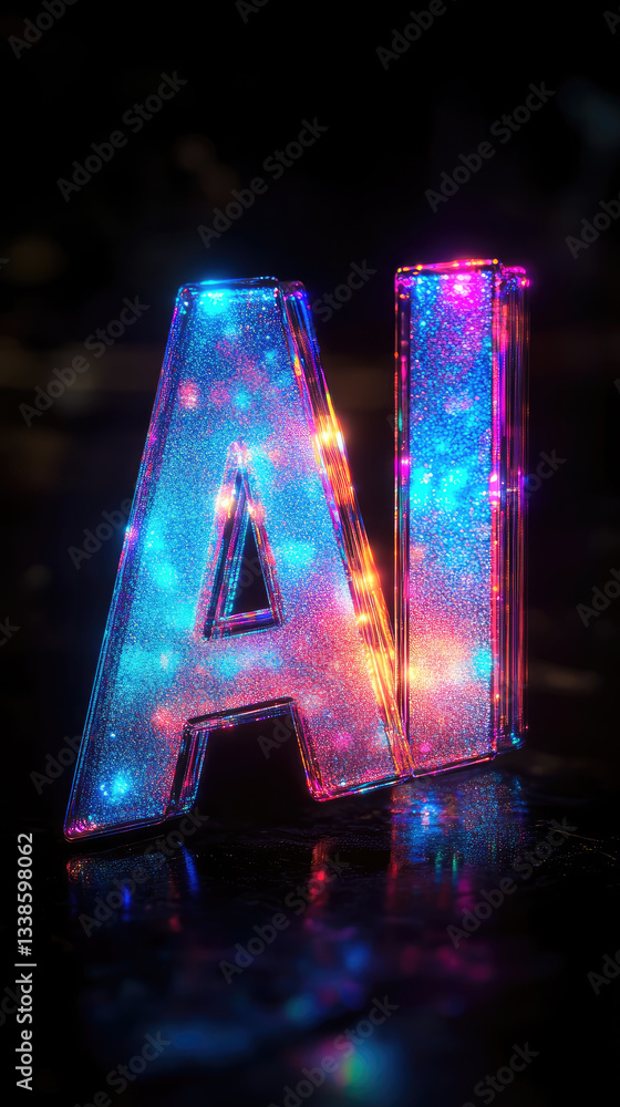 Poster neon glowing ai sign,designation, typography in a futuristic digital environment,symbolizing artific
