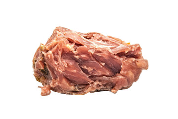 Obraz premium Raw meat piece on a white background, showcasing texture and color