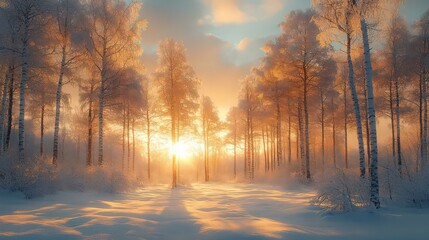Panoramic image of a birch forest with snow