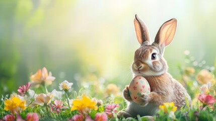 Obraz premium Adorable Rabbit Holding Colorful Egg in Blooming Spring Garden