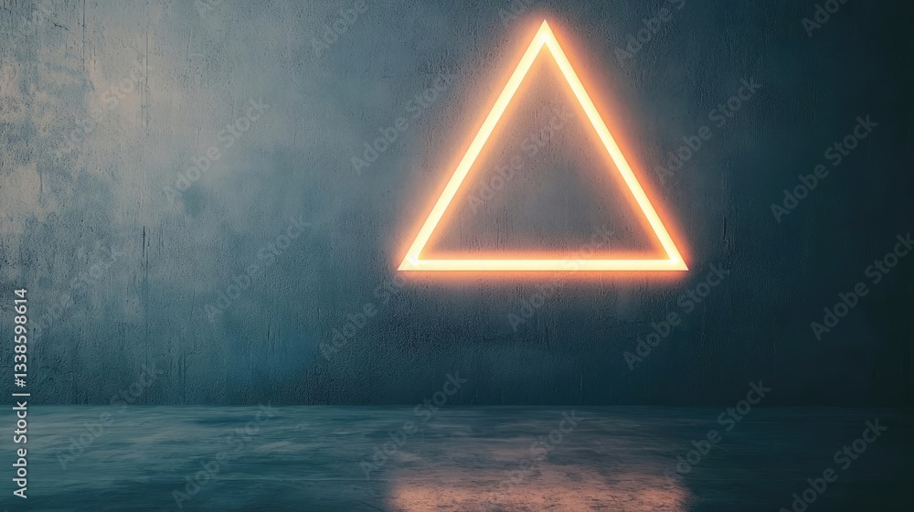 Poster Negative space design abstract background concept. A glowing neon triangle shape illuminated against a textured dark background.