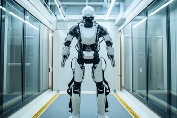 Advanced humanoid robot stands inside a modern lab during a technology demonstration