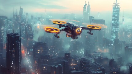Naklejka premium An advanced drone delivery system in motion over a vibrant, futuristic cityscape 