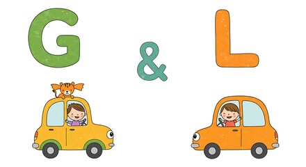 Naklejka premium Kids Driving Cars Illustration with Letters G and L Cute Artwork