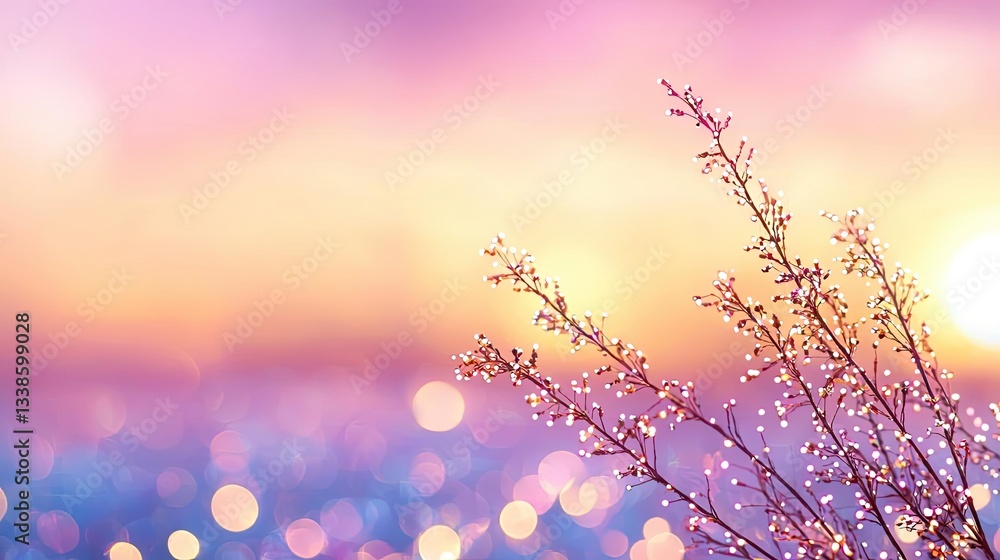 Poster sunset landscape abstract background idea. delicate branches glisten with dew against a dreamy paste