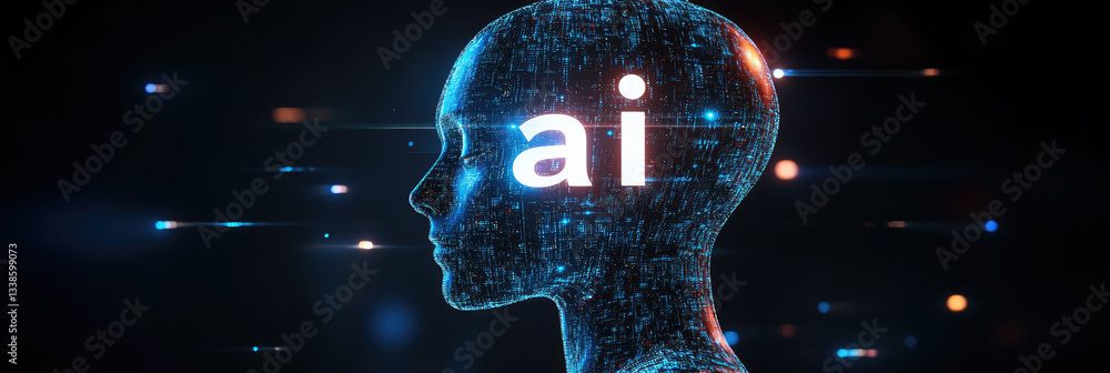 Poster artificial intelligence visualization human head composed of glowing neural network,connected to dig