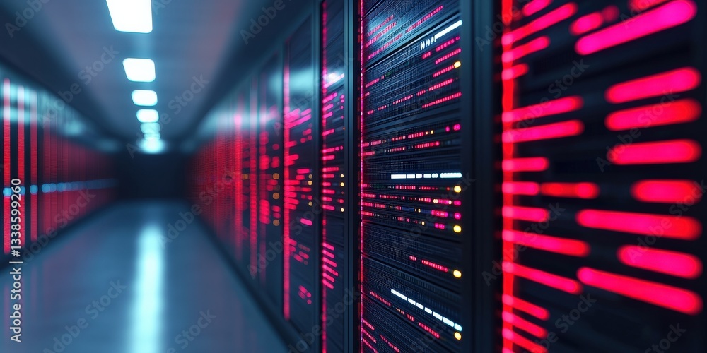 Poster smart grid efficiency cyber security concept. server room with illuminated panels and vibrant colors