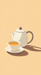 Obraz premium Minimalist Tea Pot and Cup Illustration on Soft Yellow Background