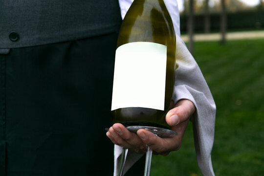 mano, en blanco, papel, empresario, persona, fiesta, atenci&oacute;n, celebraci&oacute;n, festejo, brindis, sostener, mozo, servicio, servicial, champagne, bebida, alcohol, frio, celebraci&oacute;n