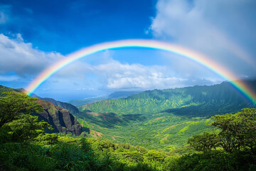 A rainbow arches over the green mountains of Kauai, Hawaii, with lush tropical vegetation and a blue sky in the background.