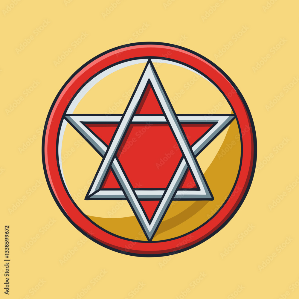 Poster a stylized star of david in red and silver, set within a yellow and red circular frame