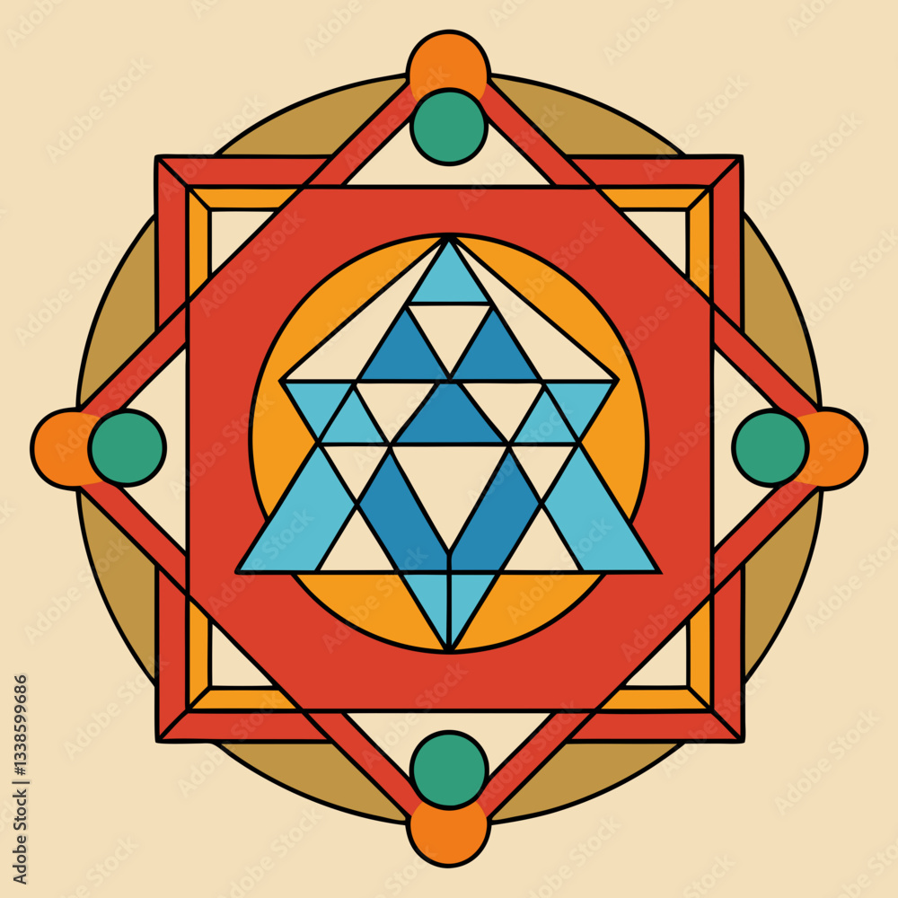 Poster a colorful geometric illustration, featuring intricate shapes, lines and shapes that create a visual