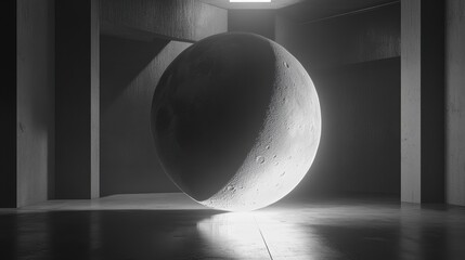 Moon sphere in dark hall.