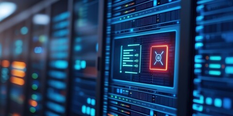 smart grid efficiency cyber security concept. Futuristic server room with glowing data elements and cybersecurity alerts.