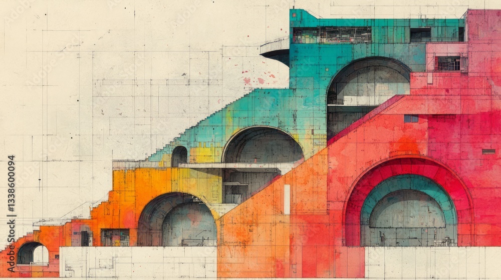 Poster colorful architectural design sketch displaying archways and gridded background