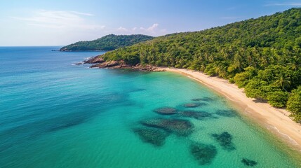 Fototapeta premium Tranquil Tropical Beach with Clear Waters and Lush Greenery View