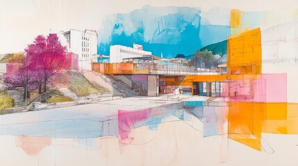 Watercolor architecture rendering displays modern building and urban landscape