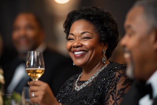 Smiling woman raises glass at a formal dinner party in a private dining room
