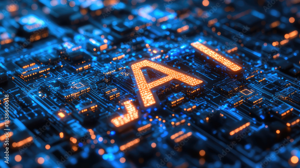 Poster high-tech ai processing chip integrated into a futuristic motherboard with glowing circuits. concept