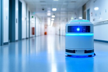 Innovative cleaning robot operating in a modern hospital corridor during daytime
