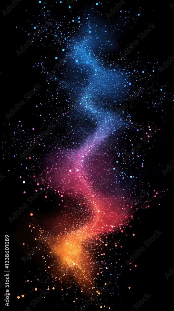 Poster abstract cosmic dust cloud with vibrant colors on black background creating a dynamic and captivatin