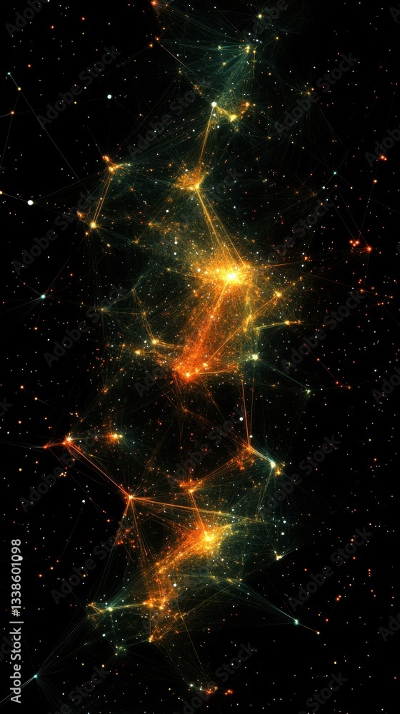 Aufkleber abstract cosmic network of interconnected glowing nodes in dark space background with vibrant colors