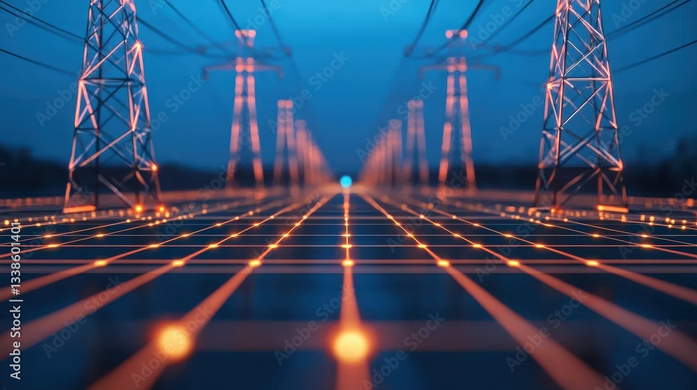 Poster smart grid efficiency cyber security concept. electric towers and grid lines at dusk with glowing li