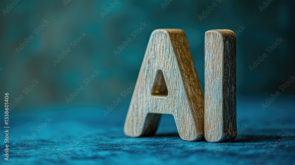 Poster ai letters standing on a textured surface with a soft blue background, representing artificial intel