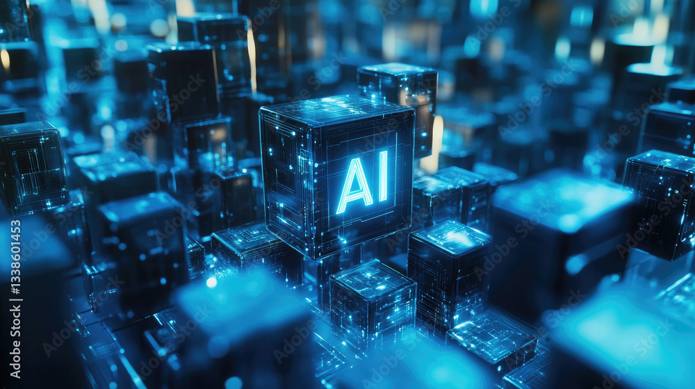 Poster glowing ai data cube in a futuristic digital environment, symbolizing artificial intelligence,data p