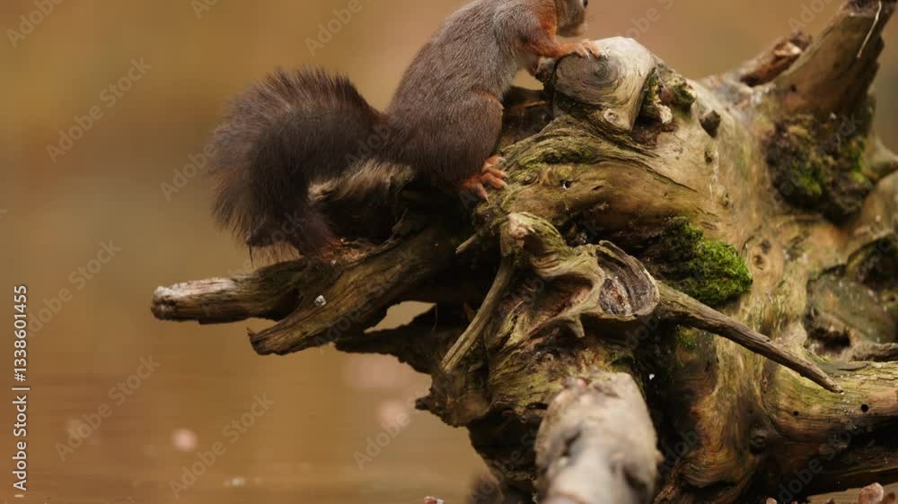 Poster close up of a red squirrel leaping onto a log in a pool of water and it grabs a nut and jumps away, 