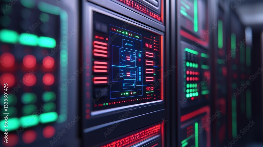 Poster smart grid efficiency cyber security concept. futuristic server room with colorful led lights and co