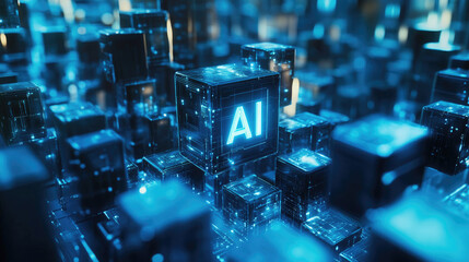 Obraz premium Glowing AI data cube in a futuristic digital environment, symbolizing artificial intelligence,data processing, and advanced computing. Concept of machine learning,neural networks, cyber technology.