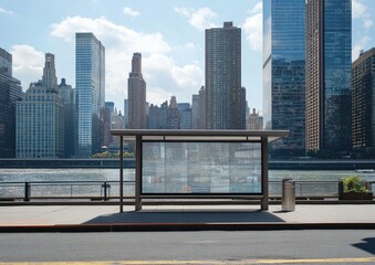 A mockup of an empty digital billboard on the side of a bus stop in New York City, with buildings and skyscrapers behind it