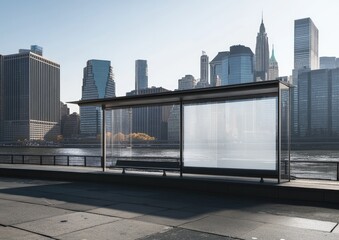 A mockup of an empty digital billboard on the side of a bus stop in New York City, with buildings and skyscrapers behind it