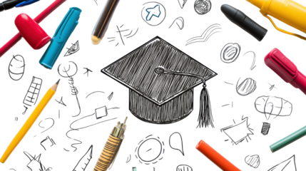 hand draw education doodles and a graduation cap isolated on transparent background