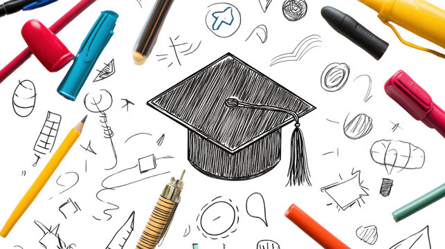 hand draw education doodles and a graduation cap isolated on transparent background