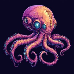 Fototapeta premium Pixel art sticker logo of a pixelized alien octopus with robotic tentacles