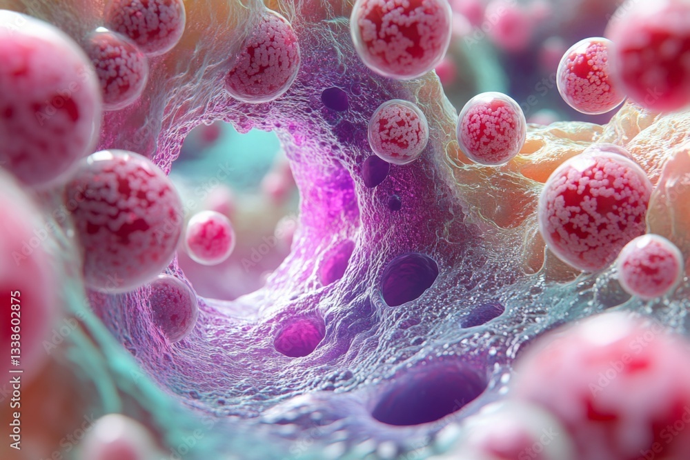 Poster Colorful abstract representation of cells in a microscopic environment depicting biological processes and structures