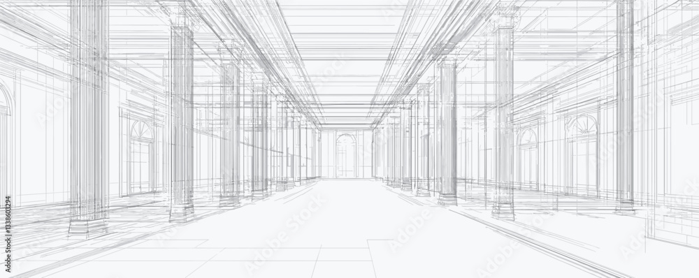Poster architectural wireframe of spacious hall with columns and arched windows in monochrome.